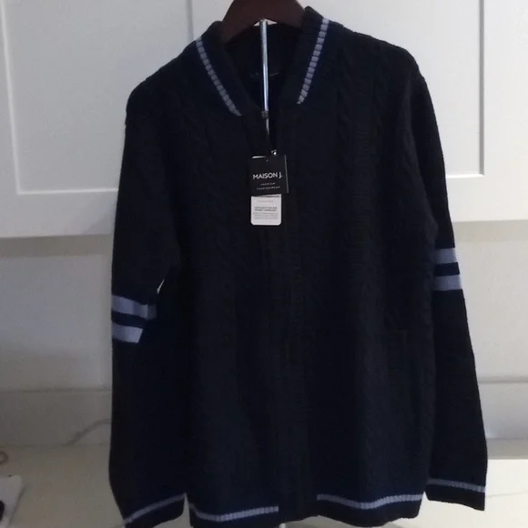 Full-Zip Cardigan Sweater, Knit Stand Collar, Sporty Casual M Blue - Picture 8 of 9